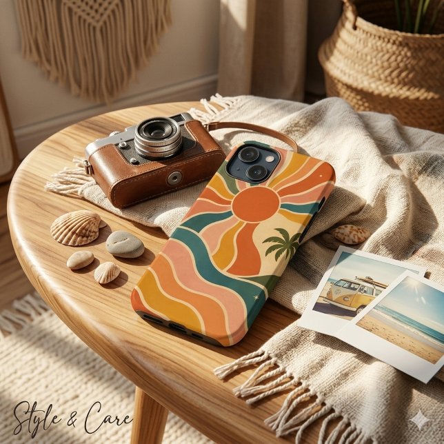 Retro 70s Sunset Waves & Palm Trees Aesthetic Case-Mate iPhone Case (Retro 70s Sunset Waves & Palm Trees Aesthetic iPhone 13 Mini Case)
