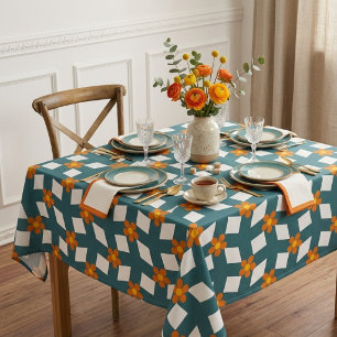 Retro 70s Teal and Orange Geometric Floral Tablecloth