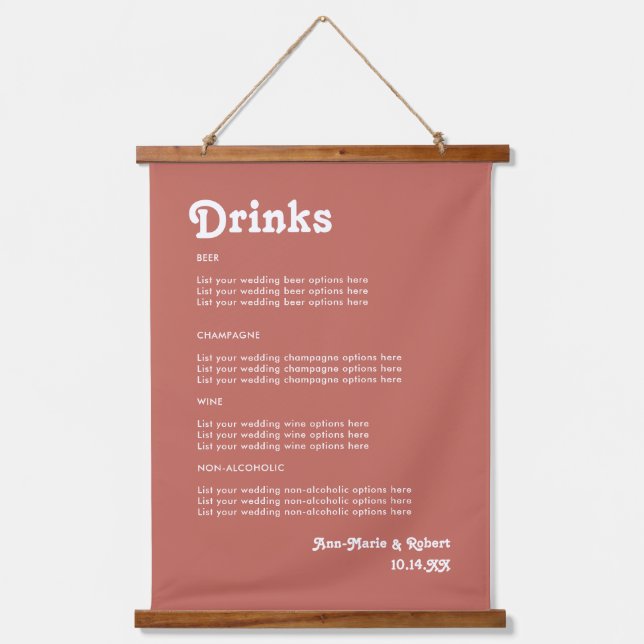 Retro 70s Terracotta Wedding Drinks Menu Hanging Tapestry (Front)