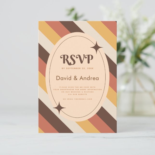Retro 70s Typography Stripes QR Code Wedding RSVP (Standing Front)