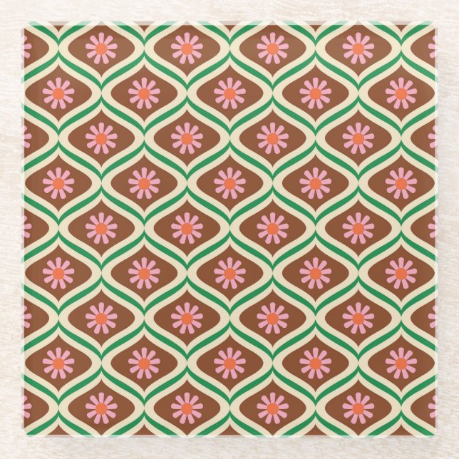 Retro 70s: Vintage Floral Pattern Glass Coaster (Front)