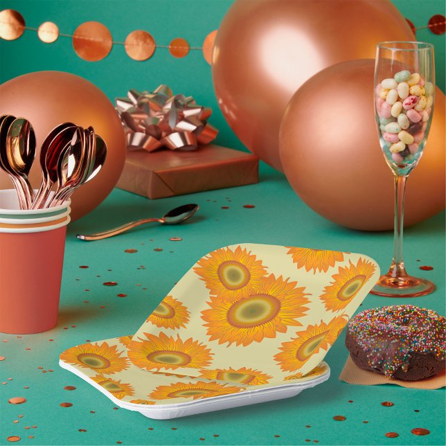 Retro 70s Yellow Sunflower Floral Pattern Paper Plate (Creator Uploaded)