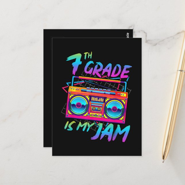 Retro 80s 7th Grade Is My Jam Back To School Postcard (Front/Back In Situ)