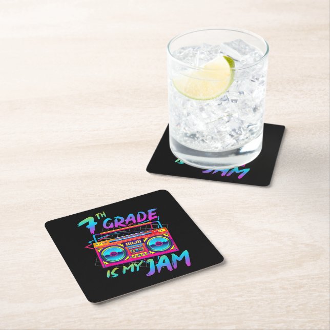 Retro 80s 7th Grade Is My Jam Back To School Square Paper Coaster (Insitu)