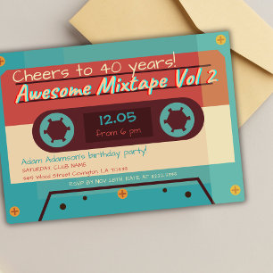Retro 80s 90s Cassette Tape Music Birthday Party  Invitation