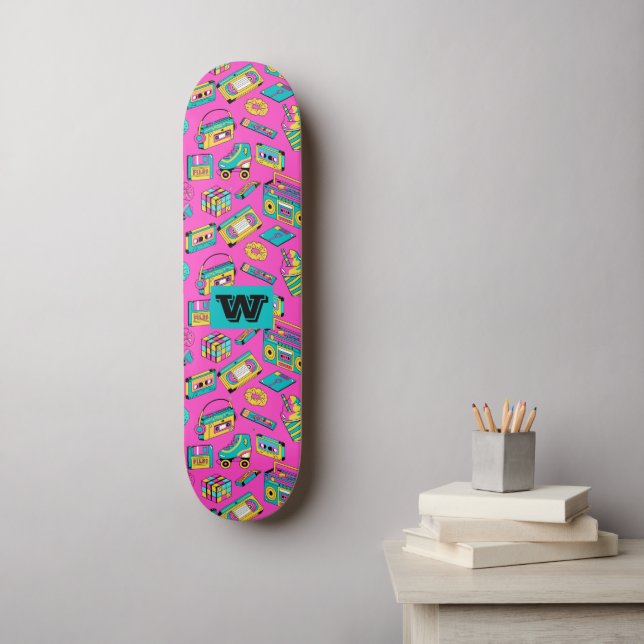 Retro 80s 90s Fun Colourful Tech Neon Pink Monogra Skateboard (Wall Art)