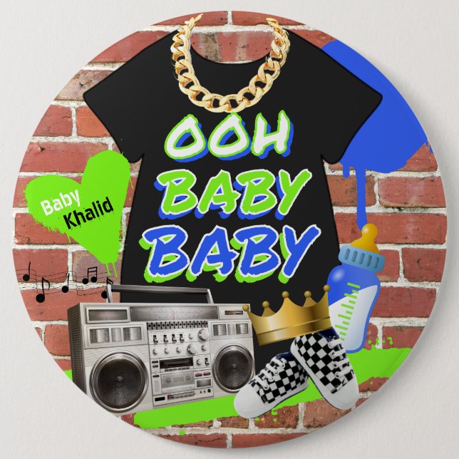 Retro 80's/90's Hip Hop Baby Shower 6 Inch Round Button (Front)