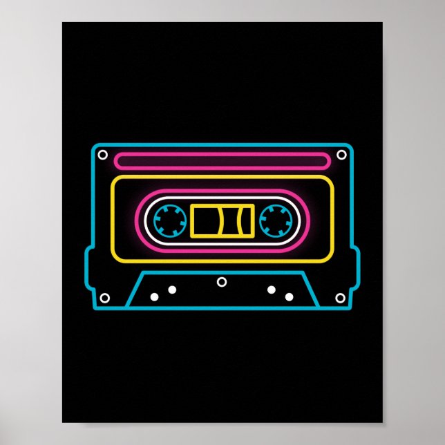 Retro 80s 90s Neon Cassette Tape Ghettobaster Poster (Front)