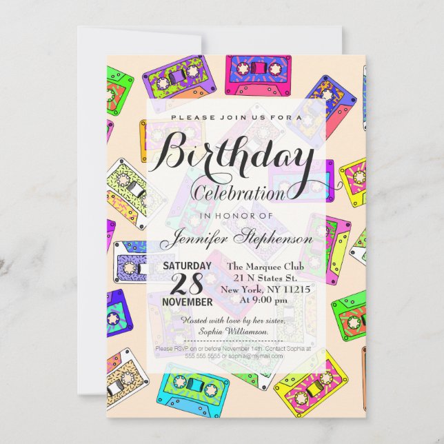 Retro 80's 90's Neon Patterned Cassette Tapes Invitation (Front)