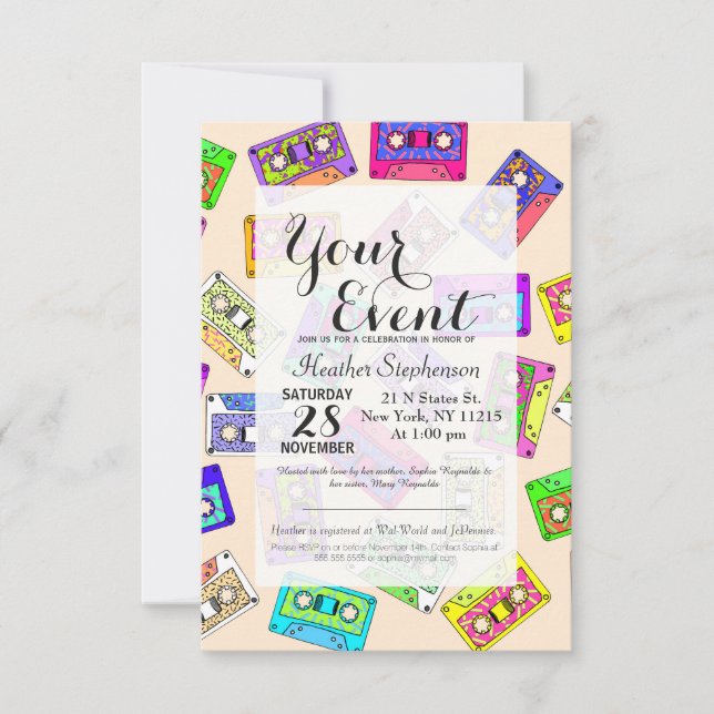 Retro 80's 90's Neon Patterned Cassette Tapes Invitation (Front)