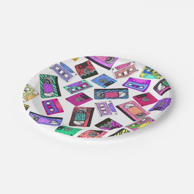 Retro 80's 90's Neon Patterned Cassette Tapes Paper Plate (Angled)