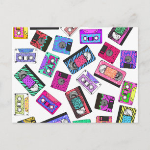 Retro 80's 90's Neon Patterned Cassette Tapes Postcard