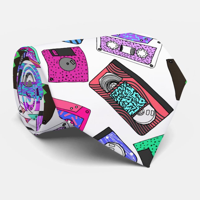 Retro 80's 90's Neon Patterned Cassette Tapes Tie (Rolled)