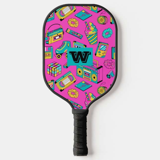Retro 80s 90s Neon Pink Colourful Pattern Monogram Pickleball Paddle (Front)