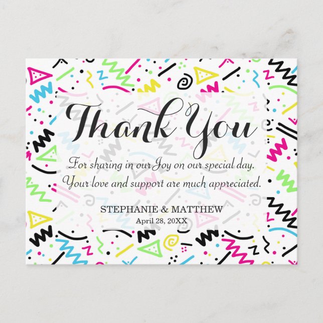 Retro 80's 90's Neon Pink Green Blue Yellow Doodle Postcard (Front)