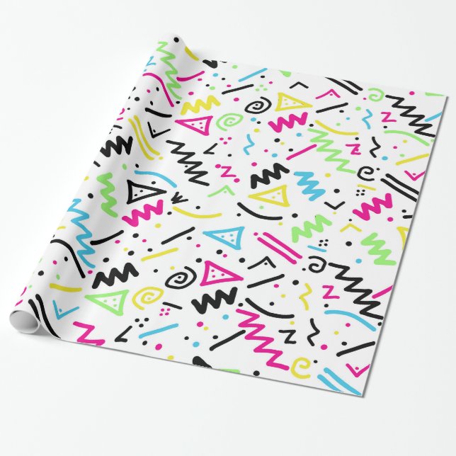 Retro 80's 90's Neon Pink Green Blue Yellow Doodle Wrapping Paper (Unrolled)