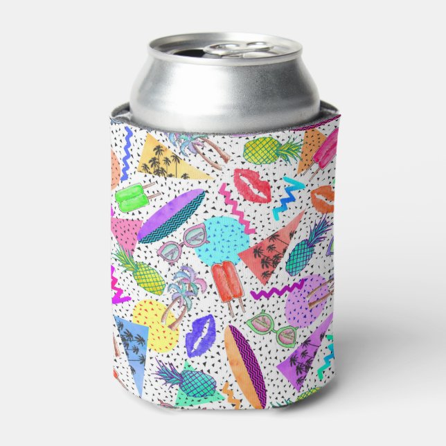 Retro 80's 90's Summer Beach Collage Pattern Can Cooler (Can Front)