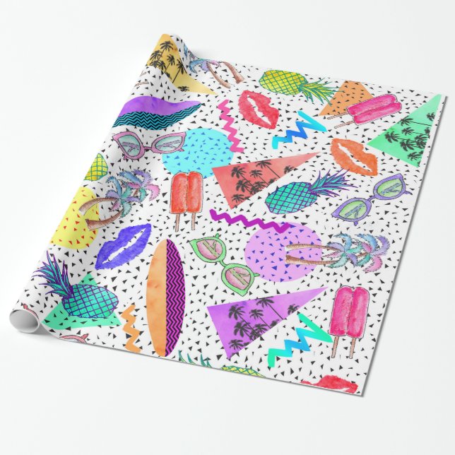 Retro 80's 90's Summer Beach Collage Pattern Wrapping Paper (Unrolled)