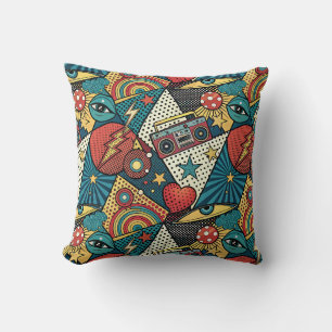 Retro 80s Boombox Bold Pop Art Comic Book Pattern Throw Pillow