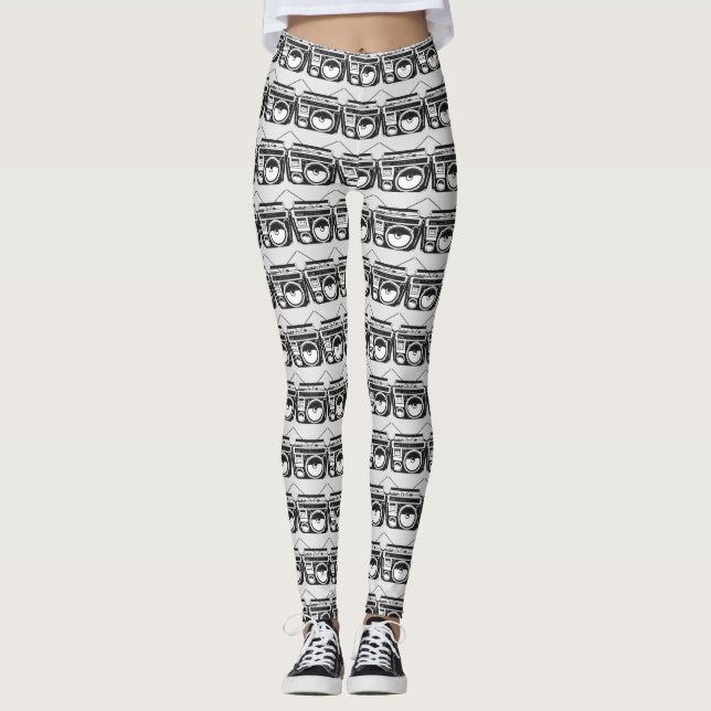 Retro 80s Boombox Grey Pattern  Leggings (Front)