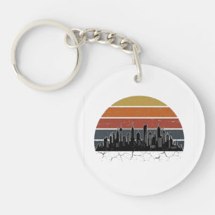 Retro 80s City Skyline Sunset Vintage Cityscape T- Keychain