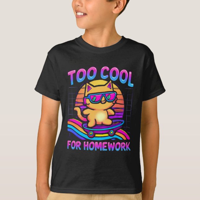 Retro 80s Cool Cat Surfing Rainbow Wave T-Shirt (Front)