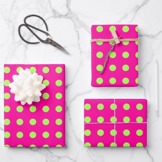 Retro 80s Dots Pattern in Hot Pink and Chartreuse Wrapping Paper Sheet (Front)