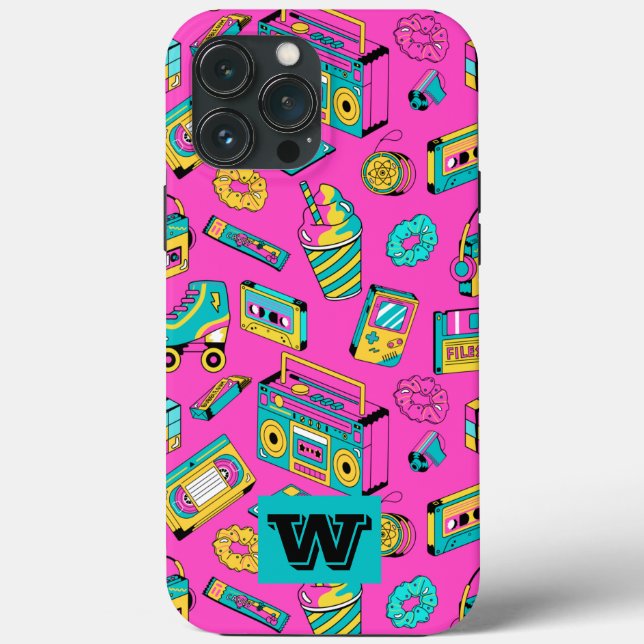 Retro 80s Fun Colourful Girly Neon Pink Monogram Case-Mate iPhone Case (Back)