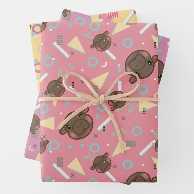 Retro 80's Hippo Wrapping Paper Sheet (In situ)
