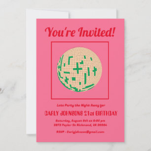 Retro 80s Hot Pink Red Green Disco 21st Birthday Invitation