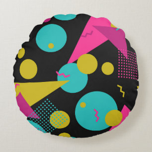 Retro 80s Memphis Geometric Design Round Pillow