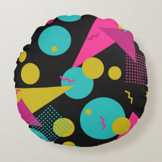 Retro 80s Memphis Geometric Design Round Pillow