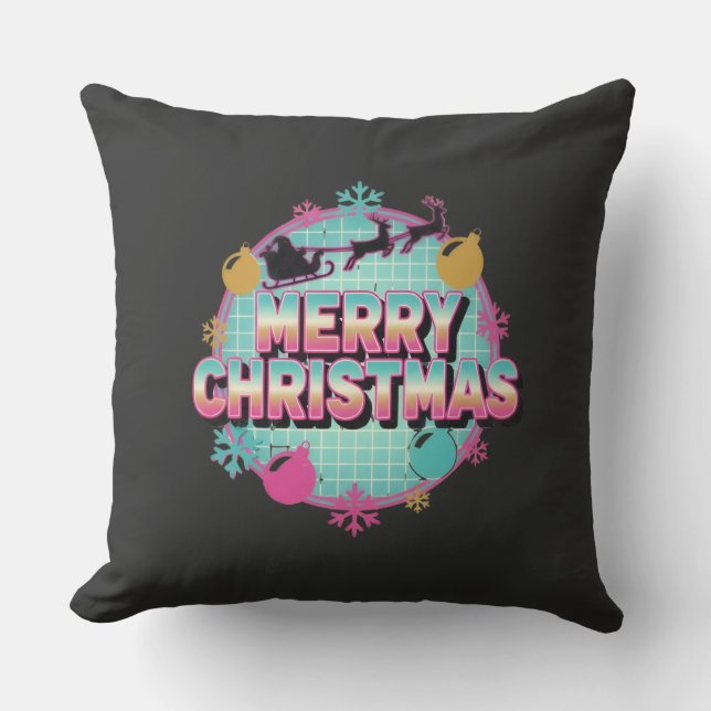 Retro 80s Merry Christmas Graphic Throw Pillow (Front)