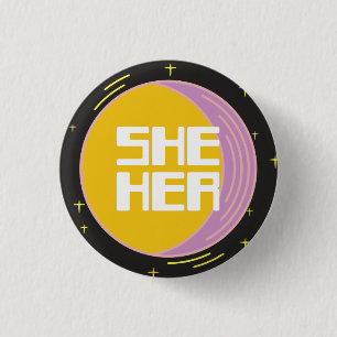 Retro 80s Moon She/Her Pronouns  1 Inch Round Button