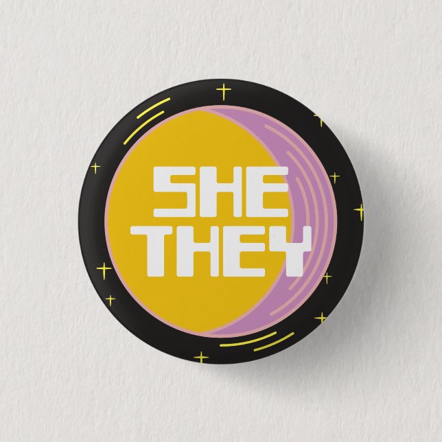 Retro 80s Moon She/They Pronouns  1 Inch Round Button (Front)