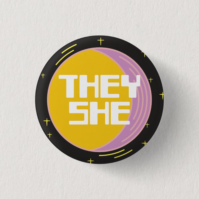 Retro 80s Moon They/She Pronouns  1 Inch Round Button (Front)