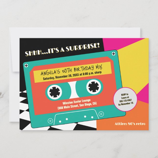 Retro 80s Neon Cassette Surprise 50th Birthday Invitation (Front)