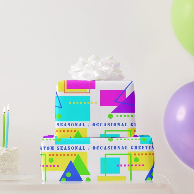 RETRO 80S NEON FLUORO SHAPE PRINT WITH CUSTOM TEXT WRAPPING PAPER (Party Gifts)