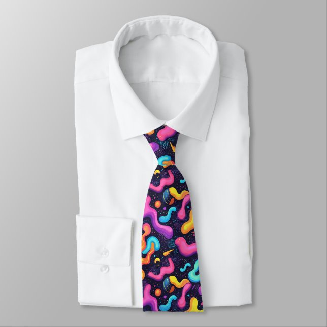 Retro 80s Neon Geometric Pattern Tie (Tied)