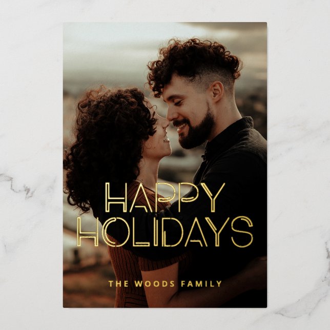 Retro 80s Neon Happy Holidays Photo Gold Foil Holiday Card (Front)