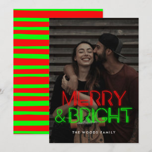 Retro 80s Neon lights Merry & Bright photo Holiday Card