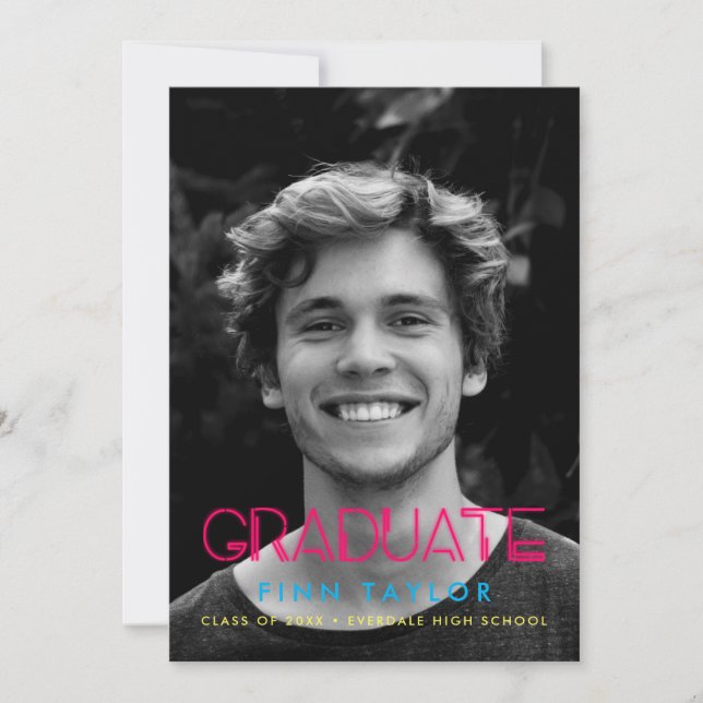Retro 80s neon lights Photo graduation Announcement (Front)