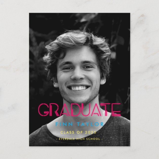 Retro 80s neon lights Photo graduation Postcard (Front)