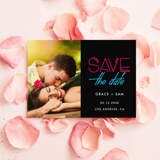 Retro 80s Neon lights Save the date photo Announcement (Creator Uploaded)