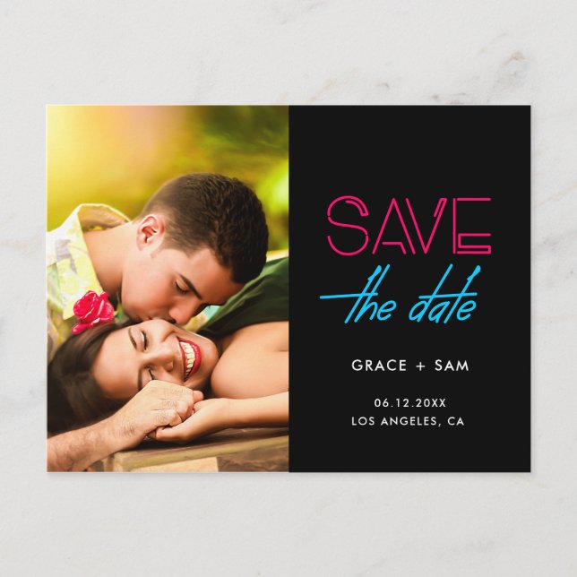 Retro 80s Neon lights Save the date photo Announcement Postcard (Front)