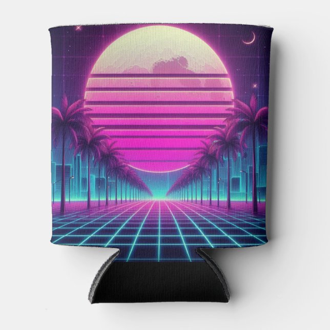 retro, 80s neon moon/palms can cooler (Front)