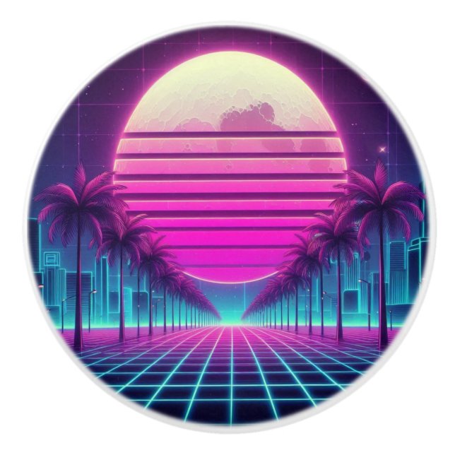 retro, 80s neon moon/palms ceramic knob (Front)