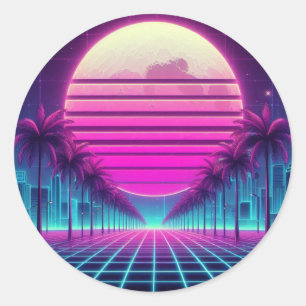 retro, 80s neon moon/palms classic round sticker