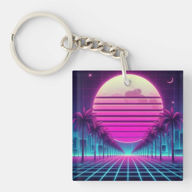 retro, 80s neon moon/palms keychain (Front)