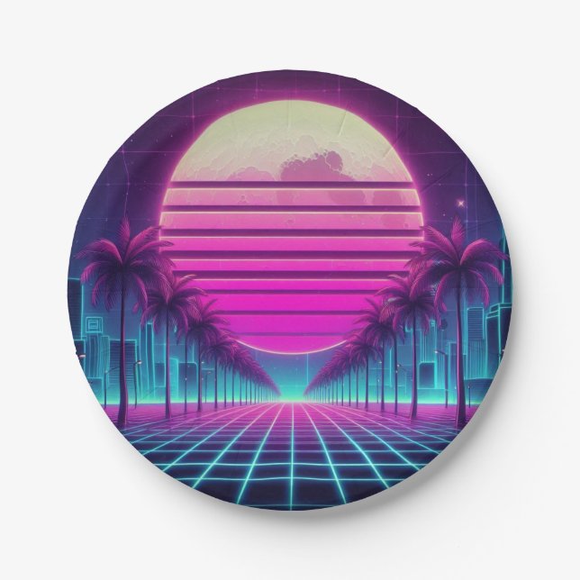retro, 80s neon moon/palms paper plate (Front)